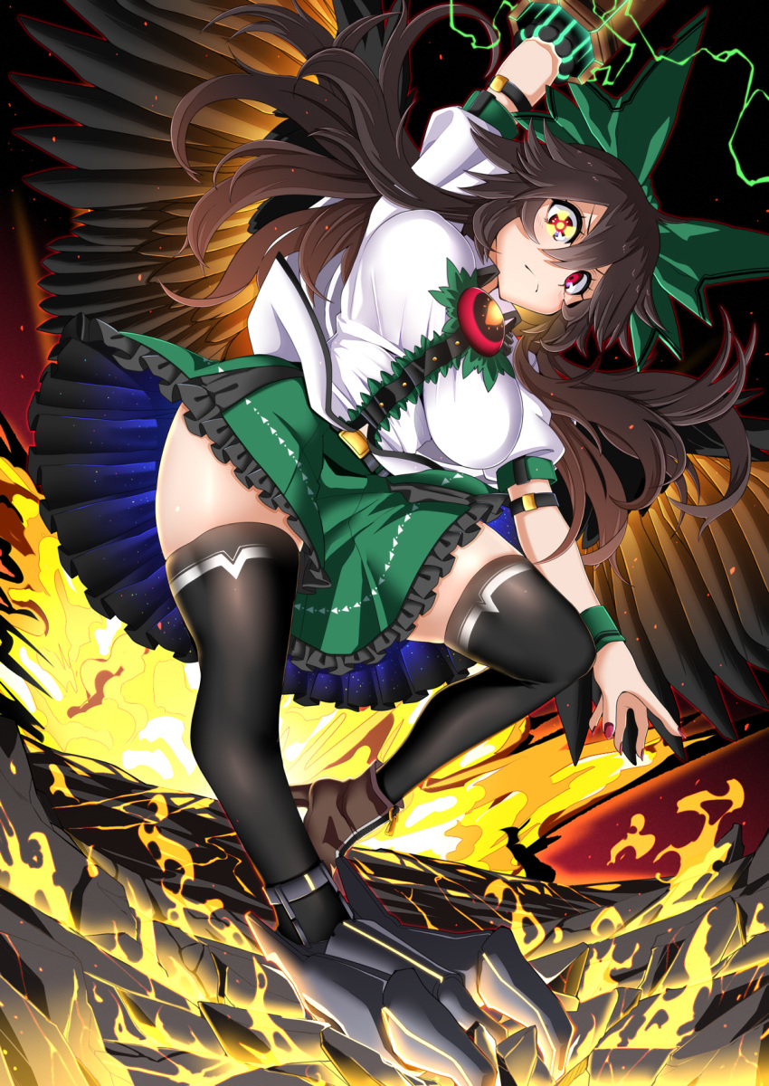 &gt;:( 1girl arm_belt arm_cannon arm_up asymmetrical_footwear bangs belt bird_wings black_hair black_thighhighs black_wings bouncing_breasts bow breasts broken_ground closed_mouth commentary_request energy fingernails fire floating_hair frilled_skirt frills from_below full_body glowing glowing_weapon green_bow green_skirt hair_between_eyes hair_bow high_heels highres huge_bow large_breasts leaning_forward long_bangs long_hair looking_at_viewer metal miniskirt mismatched_footwear nail_polish outstretched_arms parted_bangs radiation_symbol red_eyes red_nails reiuji_utsuho rihito_(usazukin) serious shirt shoes short_sleeves single_shoe skirt solo spread_wings symbol-shaped_pupils thighhighs third_eye touhou unaligned_breasts v-shaped_eyebrows very_long_hair weapon white_shirt wings wristband zettai_ryouiki