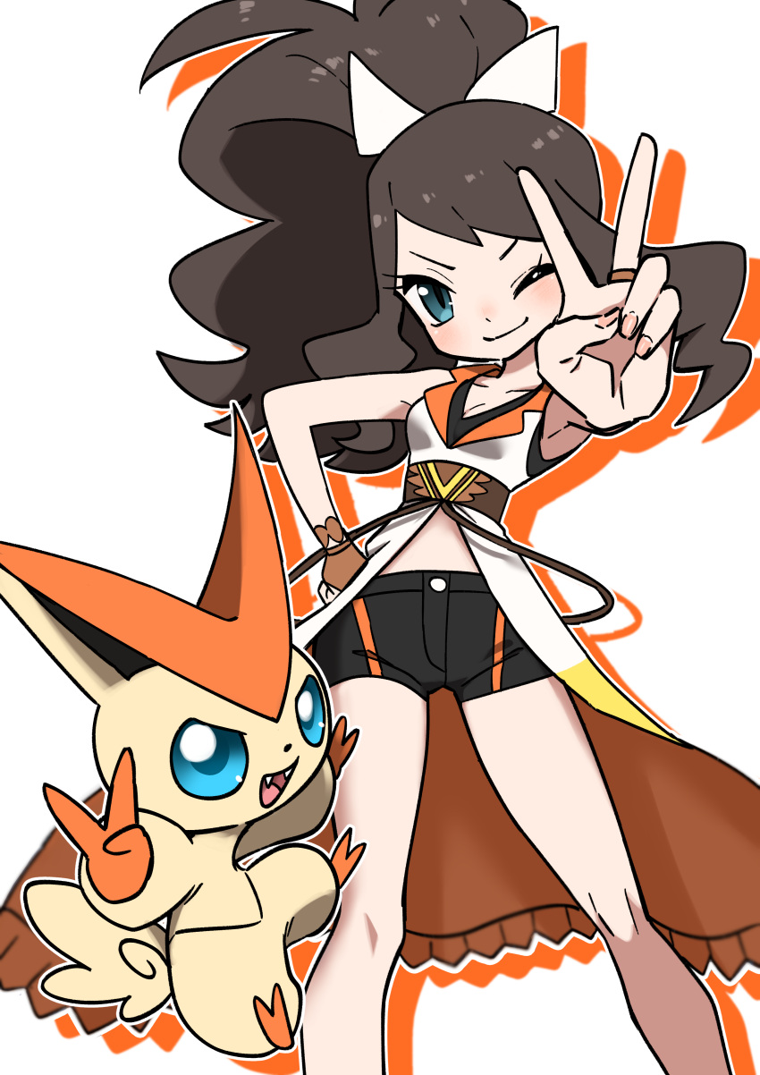 1girl absurdres ayakadegozans belt black_shorts bow brown_belt brown_hair coat drop_shadow fangs hair_bow hand_on_hip high_ponytail highres hilda_(pokemon) hilda_(sygna_suit)_(pokemon) jewelry looking_at_viewer official_alternate_costume one_eye_closed outline pokemon pokemon_(game) pokemon_bw pokemon_masters_ex ring short_shorts shorts sidelocks smile standing v victini white_background white_bow white_outline