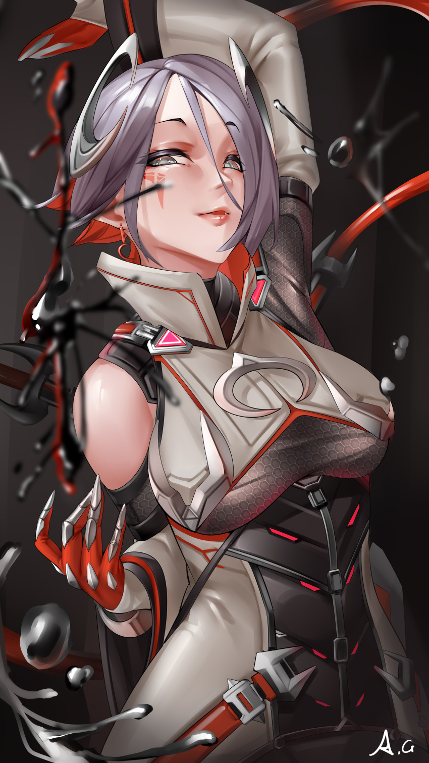 1girl absurdres aili_si_yu_guo alternate_breast_size animification apex_legends arm_up black_background blood_moon_catalyst bodysuit breasts catalyst_(apex_legends) chinese_commentary clothing_cutout colored_inner_hair gloves grey_eyes grey_hair hair_between_eyes half-closed_eyes highres liquid looking_at_viewer medium_breasts multicolored_hair official_alternate_costume orange_hair red_gloves short_hair shoulder_cutout smile solo upper_body white_bodysuit wide_hips