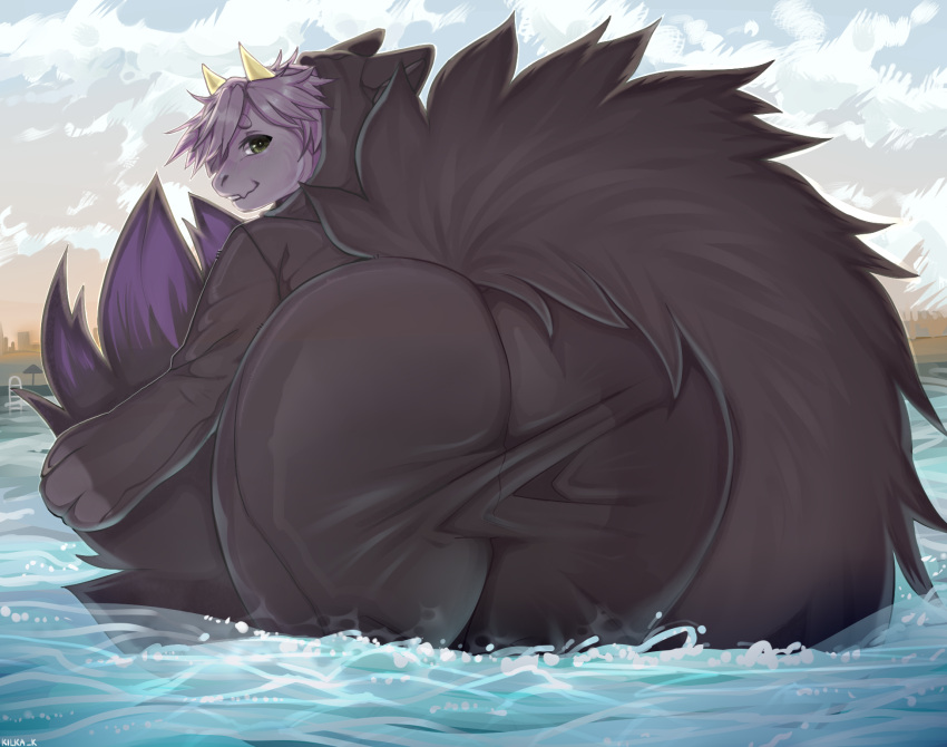 anthro big_butt big_tail blush butt chair clothing cute_fangs dragon fluffy fluffy_tail fur furniture green_eyes hair hi_res hood horn huge_tail kilka_k lounge_chair male paws pink_hair purple_body purple_fur rear_view sky smile solo souls(souls_eev) suit swimming swimming_pool thick_thighs water wave