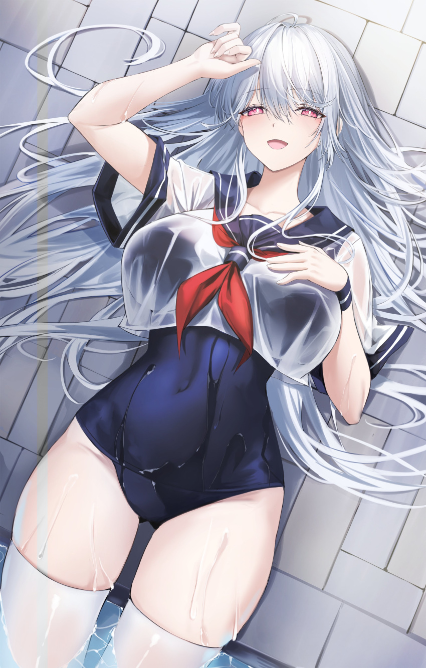 absurdres blue_one-piece_swimsuit blue_sailor_collar breasts covered_navel crop_top crop_top_overhang half-closed_eyes hand_on_own_chest hand_on_own_head happy highres huge_breasts kuro_(rudyan0128) large_breasts looking_at_viewer lying neckerchief old_school_swimsuit on_back on_floor one-piece_swimsuit open_mouth original pink_eyes pool poolside red_neckerchief sailor_collar school_swimsuit see-through shiny shiny_clothes shirt smile swimsuit thighhighs thighs wet wet_clothes wet_hair wet_shirt wet_swimsuit wet_thighhighs white_hair