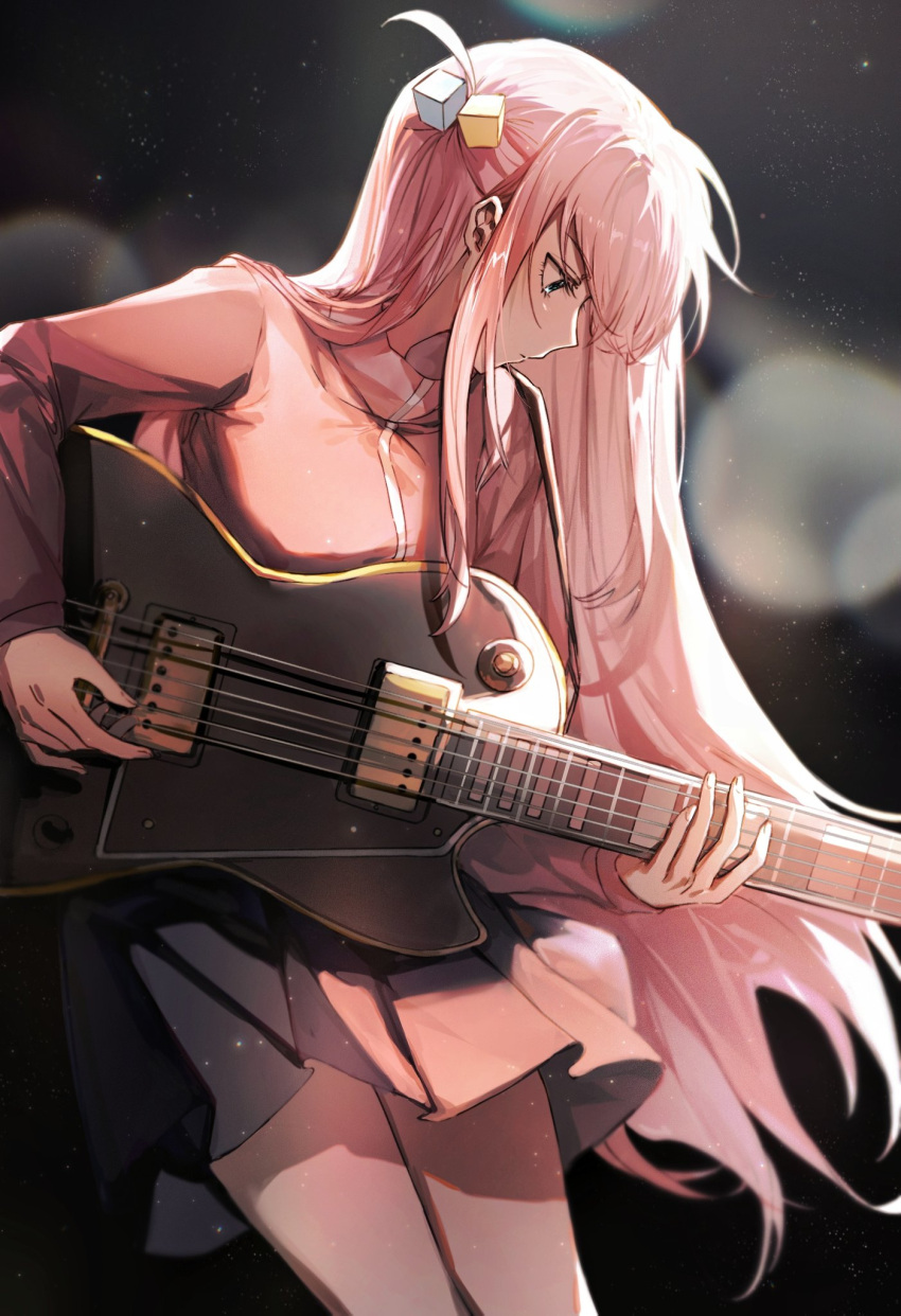1girl bocchi_the_rock! canis428 commentary expressionless facing_down floating_hair gotou_hitori guitar hair_cubes hair_ornament highres instrument jacket long_hair music one_side_up pink_hair pink_jacket playing_instrument pleated_skirt profile skirt solo track_jacket very_long_hair wind wind_lift