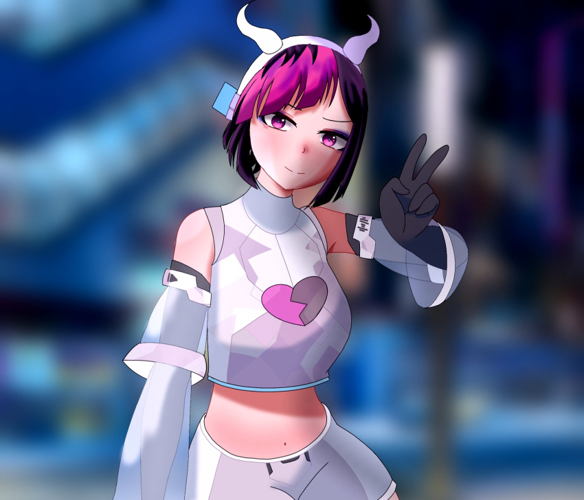 bare_shoulders black_gloves black_hair blurry blurry_background blush clothing_cutout demon_horns english_commentary gloves highres horns indie_virtual_youtuber kuwagata_nano multicolored_hair navel purple_eyes purple_hair self_upload shoulder_cutout smile two-tone_hair v virtual_youtuber zaregoto_(saikou93798871)