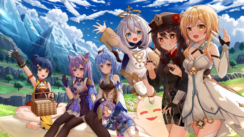 6+girls :d absurdres ahoge arm_up backlighting bangs bead_necklace beads bell black_bodysuit black_hair black_pantyhose blue_hair blue_sky blurry bodysuit boo_tao_(genshin_impact) braid breasts cape chinese_clothes cleavage cloud cloudy_sky coin_hair_ornament commentary_request cone_hair_bun depth_of_field detached_sleeves double_bun dress feather_hair_ornament feathers flower ganyu_(genshin_impact) genshin_impact ghost ghost_pose grey_eyes grey_hair hair_between_eyes hair_bun hair_flower hair_ornament halo hat highres horns hu_tao_(genshin_impact) jewelry jiangshi keqing_(genshin_impact) light_brown_hair long_hair long_sleeves looking_at_viewer low_ponytail lumine_(genshin_impact) lying_on_lap mechanical_halo mountainous_horizon multiple_girls neck_bell necklace ofuda paimon_(genshin_impact) pantyhose picnic picnic_basket purple_eyes purple_hair qing_guanmao qiqi_(genshin_impact) red_eyes short_hair short_hair_with_long_locks short_shorts shorts sidelocks sitting sky skym_(kumei) smile symbol-shaped_pupils twintails vision_(genshin_impact) waving white_dress xiangling_(genshin_impact) yellow_eyes zettai_ryouiki