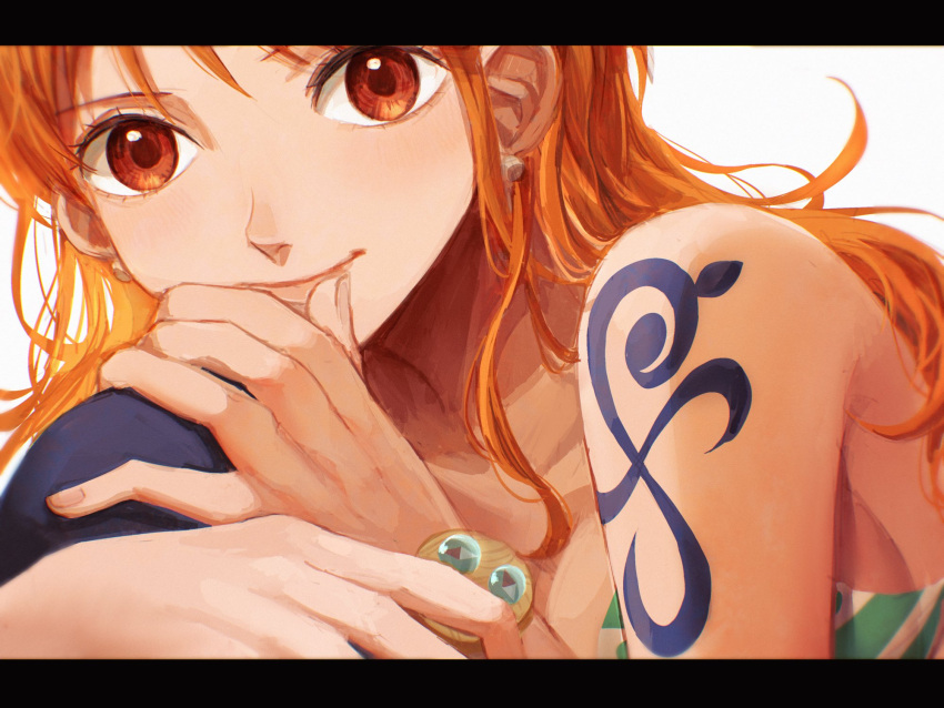 1girl bikini bikini_top_only commentary_request eyelashes happy highres log_pose long_hair looking_at_viewer nami_(one_piece) oekakiboya one_piece orange_eyes orange_hair simple_background smile solo swimsuit tattoo wavy_hair white_background