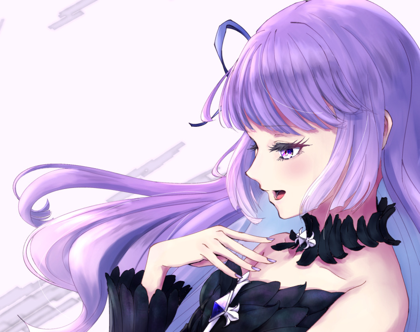 1girl aikatsu! aikatsu!_(series) black_choker black_dress choker collarbone dress floating_hair highres hikami_sumire long_hair nail_polish off-shoulder_dress off_shoulder open_mouth purple_eyes purple_hair purple_nails shiny shiny_hair solo tesi_(tttesi) upper_body white_background