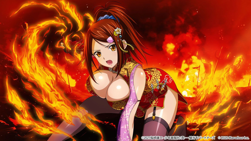 1girl alternate_costume bangs black_gloves blue_scrunchie breasts brown_eyes brown_hair china_dress chinese_clothes cleavage cleavage_cutout clothing_cutout dress fingerless_gloves fire flower garter_straps gloves hair_flower hair_ornament hair_scrunchie hairclip highres ikkitousen large_breasts long_hair looking_at_viewer one_knee parted_bangs print_dress purple_thighhighs red_dress scrunchie shiny shiny_clothes shiny_hair shiny_legwear shiny_skin short_dress side_slit sleeveless sleeveless_dress solo thighhighs updo white_flower yagyu_mitsuyoshi