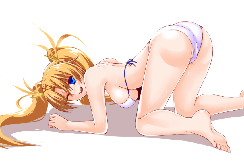 1girl ;d all_fours bare_arms bare_legs barefoot bikini blonde_hair blue_eyes blue_ribbon blush bradamante_(fate) braid breasts cameltoe engo_(aquawatery) fate/grand_order fate_(series) floating_hair large_breasts long_hair looking_at_viewer one_eye_closed open_mouth ribbon shiny shiny_hair shoulder_blades sideboob smile soles solo swimsuit top-down_bottom-up twintails very_long_hair white_bikini