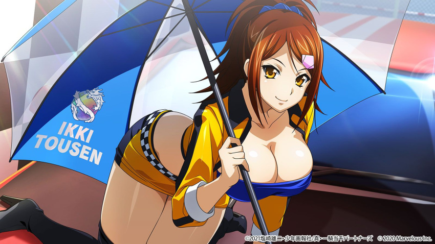 1girl all_fours alternate_costume black_footwear blue_bandeau blue_hair boots breasts brown_hair cleavage closed_mouth collared_shirt copyright_name hair_ornament hairclip high_heel_boots high_heels highres holding holding_umbrella ikkitousen large_breasts long_hair long_sleeves midriff miniskirt open_clothes open_shirt pencil_skirt race_queen shiny shiny_hair shirt skirt smile solo thigh_boots umbrella updo wing_collar yagyu_mitsuyoshi yellow_eyes yellow_shirt yellow_skirt