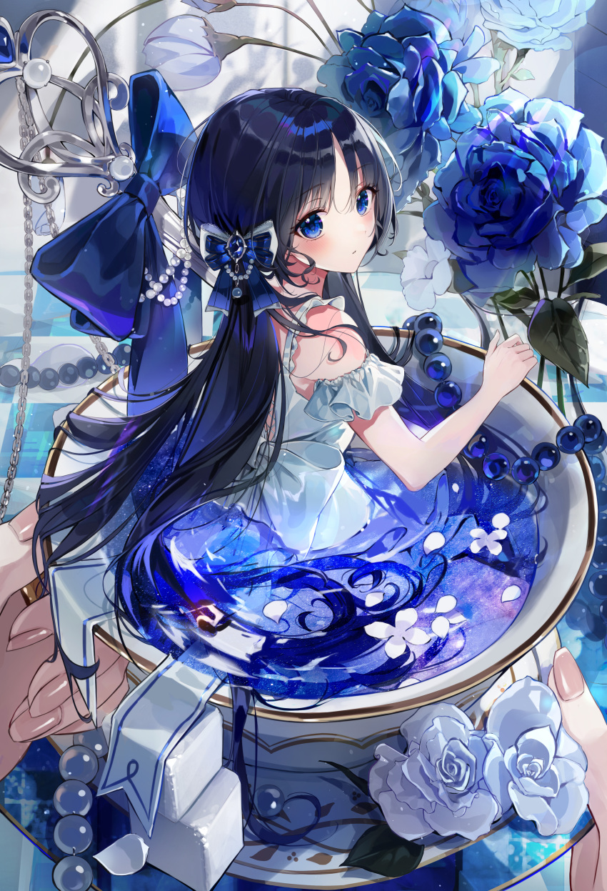 1girl absurdres bangs blue_bow blue_eyes blue_flower blue_hair blue_rose blurry blurry_background bow chain cup dress eumi_114 expressionless flower frilled_cuffs hair_bow highres in_container in_cup liquid long_hair looking_at_viewer original parted_lips ponytail rose shiny shiny_hair sleeveless sleeveless_dress solo sugar_cube teacup white_dress white_flower white_rose