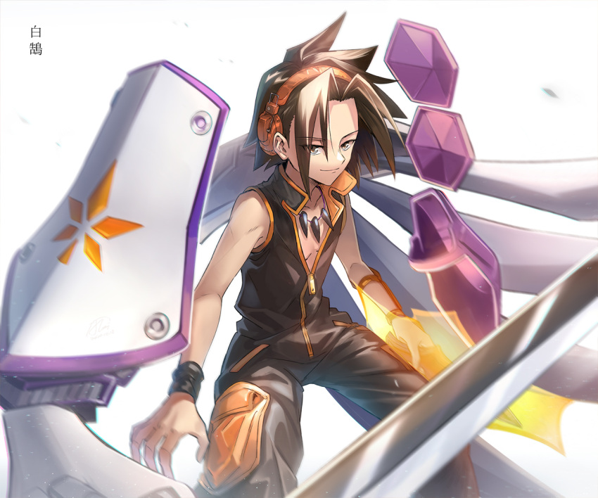 1boy aki_(neyuki41028) asakura_you black_jumpsuit brown_eyes brown_hair hair_between_eyes headphones jumpsuit long_hair male_focus partially_unzipped shaman_king sleeveless sleeveless_jumpsuit smile solo spiked_hair white_background zipper