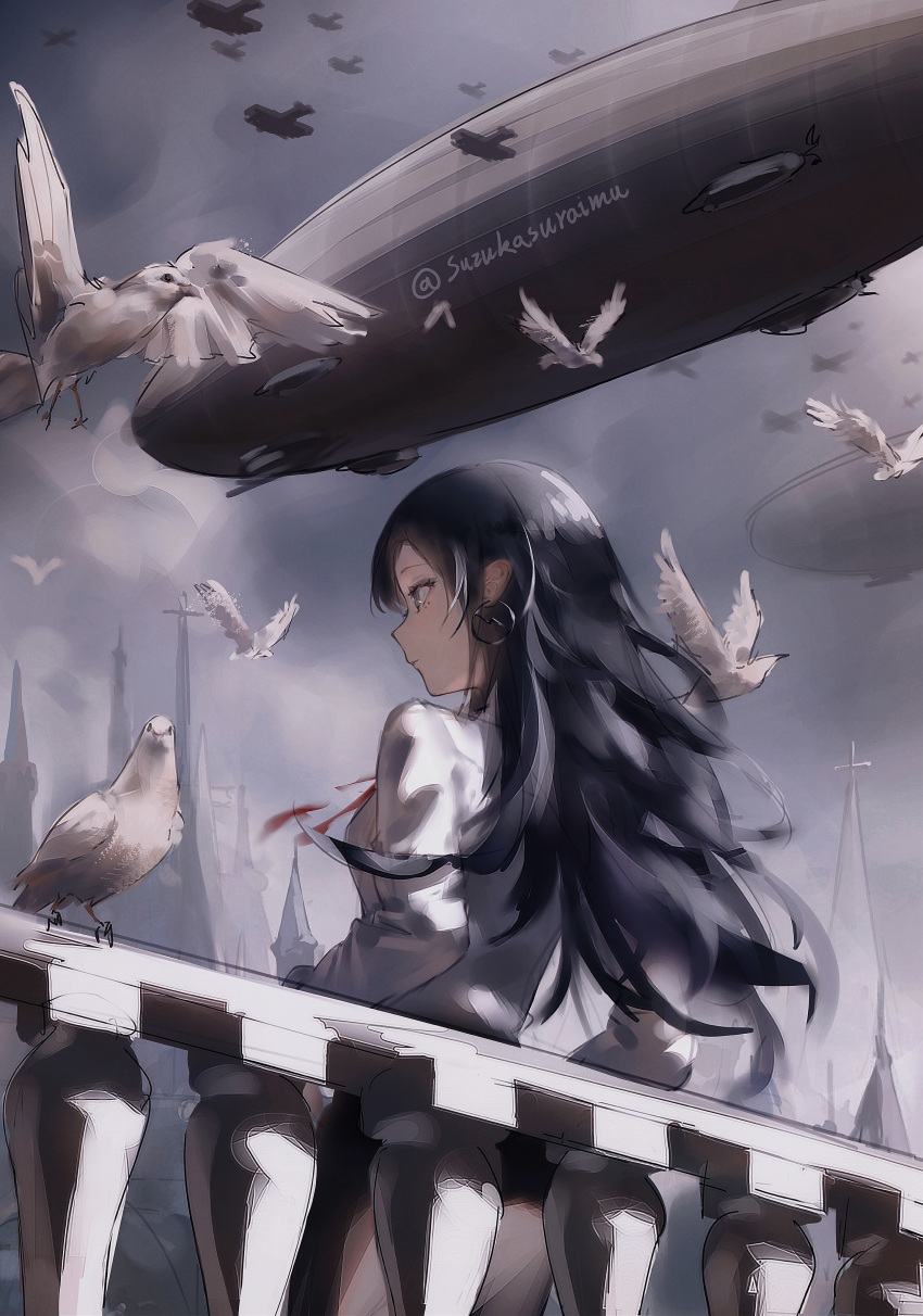 1girl absurdres aircraft airship animal bird black_hair building closed_mouth cloud cloudy_sky earrings highres hoop_earrings jewelry kamitsubaki_studio koko_(kamitsubaki_studio) long_hair looking_away railing shirt skirt sky solo suzukasuraimu virtual_youtuber white_shirt