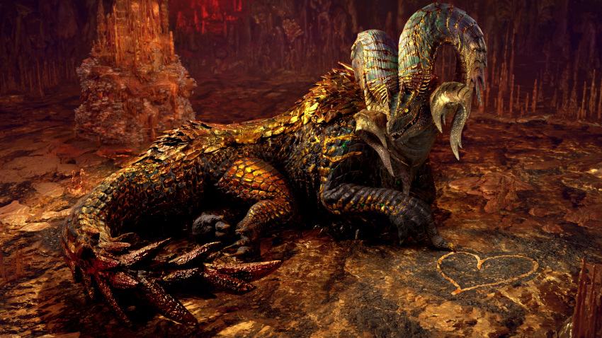 &lt;3 16:9 2022 3d_(artwork) 4k absurd_res capcom cave claws crossed_legs detailed_background digital_media_(artwork) drawing elder_dragon female female_(lore) feral gesture gold_(metal) hi_res horizontal_pupils horn inside ivorylagiacrus kulve_taroth looking_at_viewer lying lying_on_ground monster_hunter on_ground on_side open_mouth pointing pupils scales scalie sharp_claws sitting slit_pupils solo spiked_tail spikes spikes_(anatomy) teeth video_games widescreen yellow_eyes