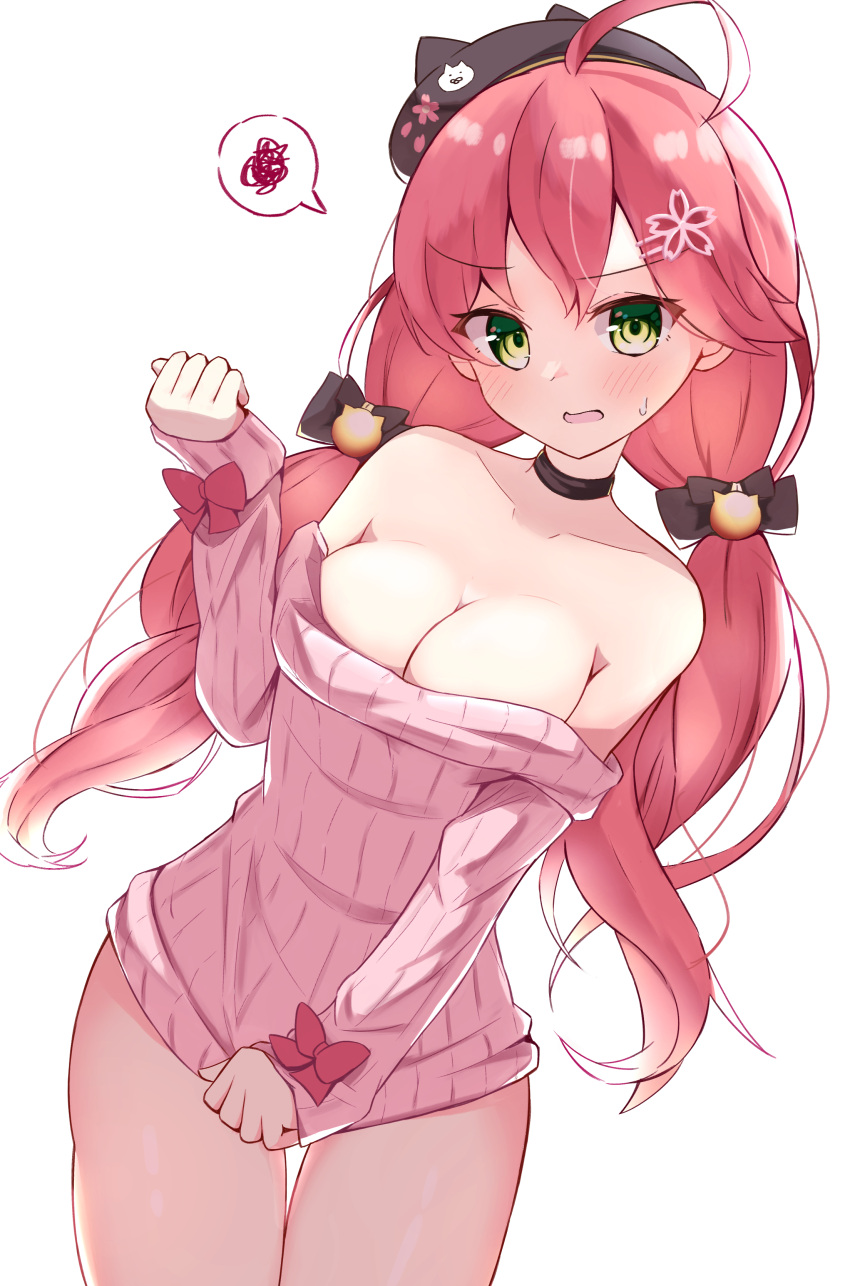 1girl absurdres ahoge annoyed arm_up bare_shoulders batarop black_headwear blush bow breasts choker cleavage clothes_tug green_eyes hair_bow hat highres hololive long_hair looking_at_viewer low_twintails no_bra no_pants off-shoulder_sweater off_shoulder open_mouth pink_hair pink_sweater ribbon sakura_miko simple_background solo sweater sweater_tug thigh_gap thighs twintails virtual_youtuber white_background