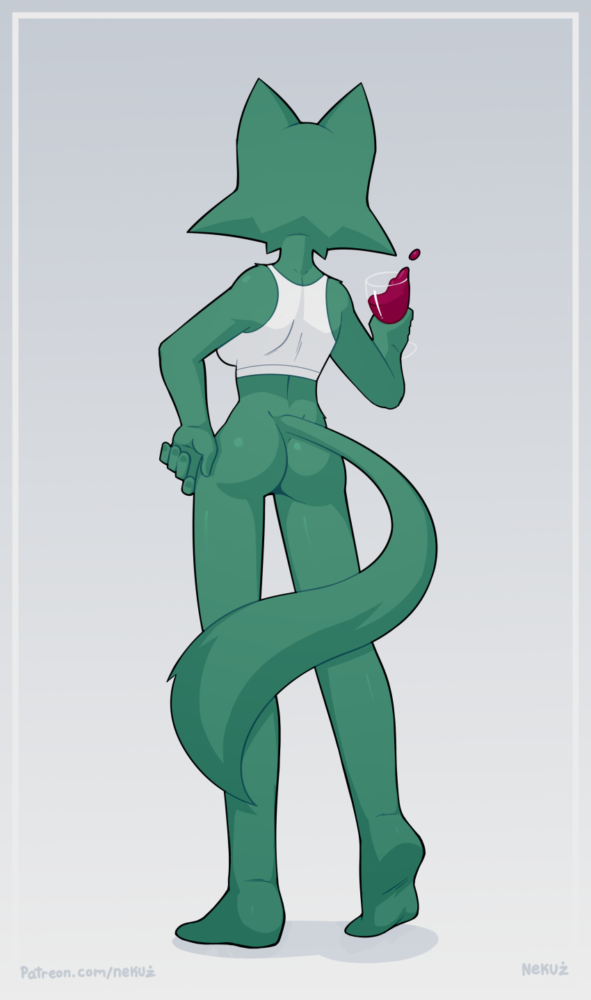 absurd_res alcohol anthro behind_view beverage bottomless butt clothed clothing container cup domestic_cat drinking_glass felid feline felis female glass glass_container glass_cup green_body hi_res mammal nekuzx sara_(nekuzx) shirt solo tank_top topwear white_clothing wine wine_glass