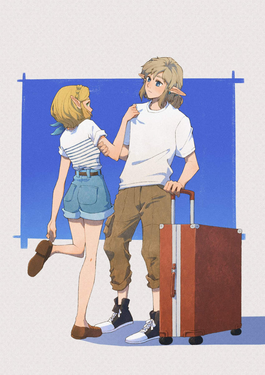 1boy 1girl adjusting_clothes adjusting_shoe alternate_costume ass bangs belt blonde_hair blue_eyes commentary denim denim_shorts earrings from_behind full_body green_eyes highres jewelry link looking_at_another luggage pointy_ears princess_zelda shirt short_hair short_ponytail shorts standing standing_on_one_leg striped striped_shirt the_legend_of_zelda the_legend_of_zelda:_breath_of_the_wild the_legend_of_zelda:_tears_of_the_kingdom yangyaozigo