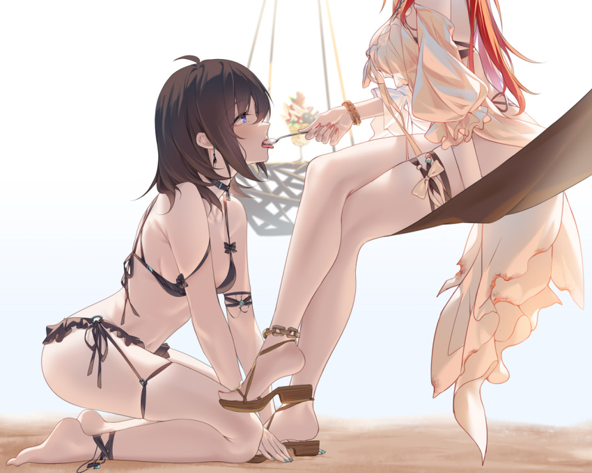 2girls ahoge ankle_strap anklet arknights bare_shoulders barefoot bikini black_bikini black_choker black_hair blue_eyes blue_nails bracelet breasts burnt_clothes choker cleavage crossed_legs earrings feeding food frilled_bikini frills from_side full_body galobox hammock head_out_of_frame ice_cream jewelry large_breasts long_hair looking_at_viewer looking_up medium_breasts multiple_girls nail_polish official_alternate_costume open_mouth original red_hair red_nails sandals short_hair simple_background sitting solo_focus spoon sundae surtr_(arknights) surtr_(colorful_wonderland)_(arknights) swimsuit thigh_strap tongue tongue_out white_background yuri