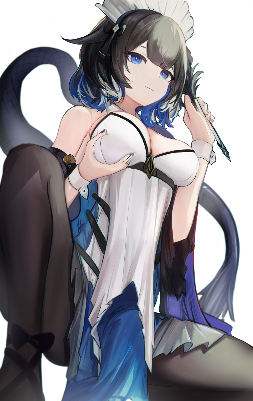 1girl absurdres arknights bangs bare_shoulders black_hair black_pantyhose blue_dress blue_eyes blue_hair breast_hold breasts cleavage closed_mouth detached_sleeves dress duster feather_duster feet_out_of_frame highres kjera_(arknights) kjera_(ingenious_servant)_(arknights) large_breasts long_sleeves looking_at_viewer maid maid_headdress mizuhashi_parusui multicolored_hair official_alternate_costume pantyhose short_hair simple_background solo spread_legs squatting strapless strapless_dress tail two-tone_dress white_background white_dress white_hair wide_sleeves wrist_cuffs
