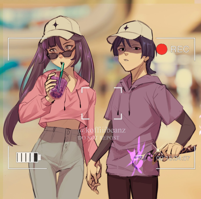 1boy 1girl baseball_cap battery_indicator black_eyes black_hair black_pants bubble_tea contemporary couple cup denim drawing_sword drinking_straw_in_mouth english_commentary genshin_impact hat hetero highres holding holding_cup holding_hands holding_sword holding_weapon hood hoodie human_scabbard jeans koffiiibeanz looking_at_viewer midriff_peek mona_(genshin_impact) no_pupils pants pink_hoodie purple_eyes purple_hair recording scaramouche_(genshin_impact) scowl sunglasses sword twintails twitter_username walking weapon