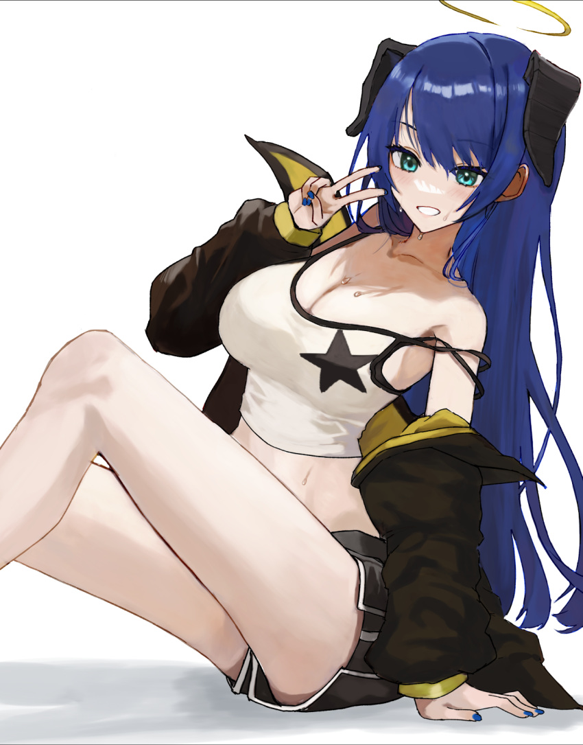 1girl :d arknights bangs bare_shoulders black_jacket black_shorts blue_hair blue_nails blush breasts camisole cleavage collarbone feet_out_of_frame grin halo highres horns jacket large_breasts long_hair long_sleeves looking_at_viewer mostima_(arknights) nail_polish off_shoulder official_alternate_costume open_clothes open_jacket parted_lips short_shorts shorts simple_background sitting smile solo sweat v very_long_hair white_background yuki_(nanao_yuki)