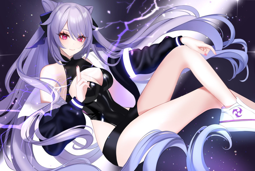 1girl 707arisu alternate_costume bangs bare_legs bare_shoulders black_jacket black_leotard breasts cleavage cleavage_cutout closed_mouth clothing_cutout crossed_legs electricity genshin_impact highres jacket keqing_(genshin_impact) kuji-in leotard long_hair long_sleeves looking_at_viewer mitsudomoe_(shape) open_clothes open_jacket purple_eyes purple_hair reclining shoes side_cutout sidelocks sitting smile sneakers solo tomoe_(symbol) twintails very_long_hair white_footwear