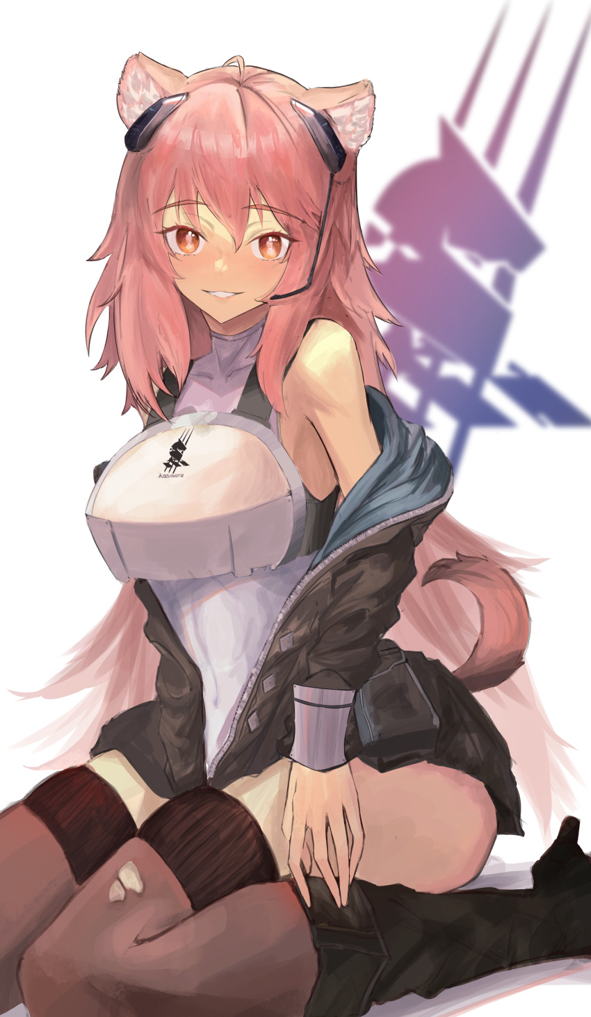 1girl :d absurdres animal_ear_fluff animal_ears arknights armor bare_shoulders black_footwear black_jacket blush boots breastplate brown_thighhighs gravel_(arknights) headset high_heel_boots high_heels highres hrk_(dxez4457) jacket kingdom_of_kazimierz_logo knee_boots leotard leotard_under_clothes long_hair long_sleeves looking_at_viewer off_shoulder open_clothes open_jacket orange_eyes parted_lips pink_hair sitting smile solo tail tail_through_clothes thick_thighs thighhighs thighs torn_thighhighs very_long_hair white_leotard