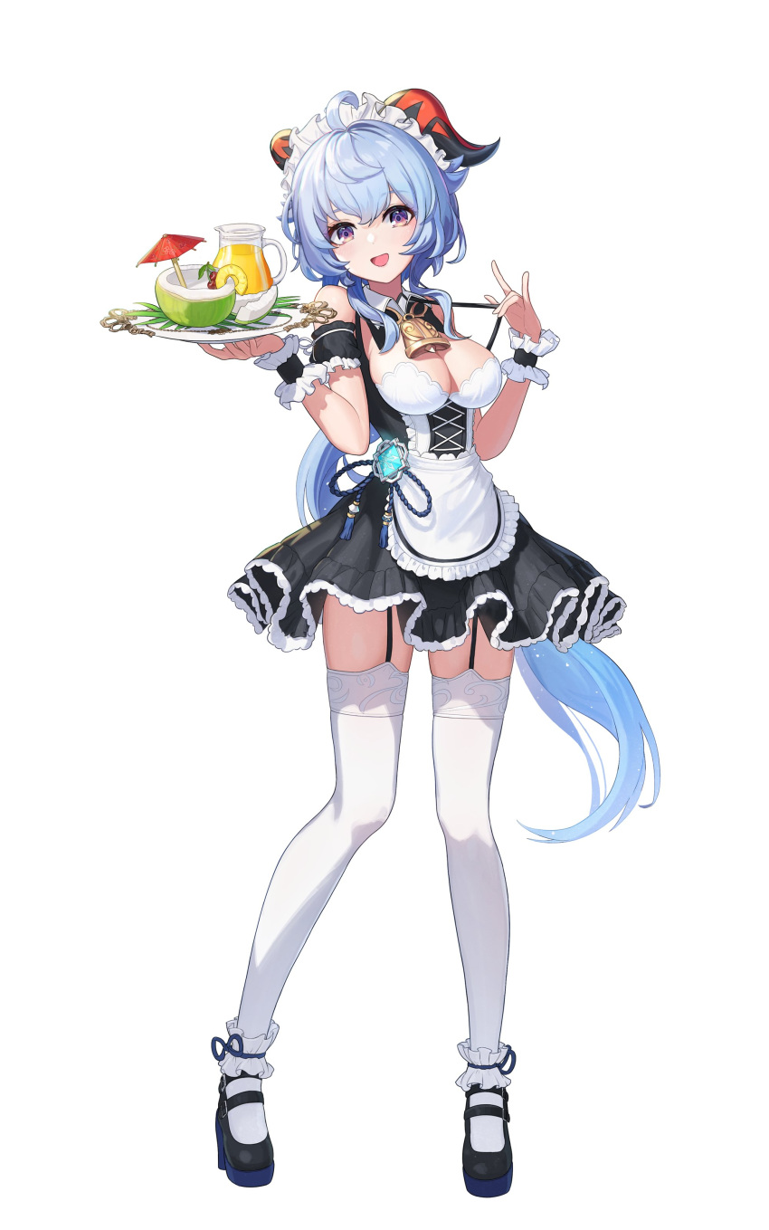 1girl :d absurdres ahoge alternate_costume apron arm_garter bangs bare_shoulders bell black_dress black_footwear black_garter_straps blue_hair breasts cleavage coconut_cup commentary cowbell cross-laced_clothes dress drink enmaided frilled_cuffs frilled_dress frilled_hairband frills full_body ganyu_(genshin_impact) genshin_impact goat_horns hairband hands_up high_heels highres holding holding_tray horns jug kkumang long_hair looking_at_viewer maid maid_apron maid_headdress medium_breasts neck_bell open_mouth ponytail purple_eyes sidelocks simple_background smile solo strap_pull symbol-only_commentary tachi-e tassel thighhighs thighs tray vision_(genshin_impact) white_apron white_background white_hairband white_thighhighs wrist_cuffs zettai_ryouiki