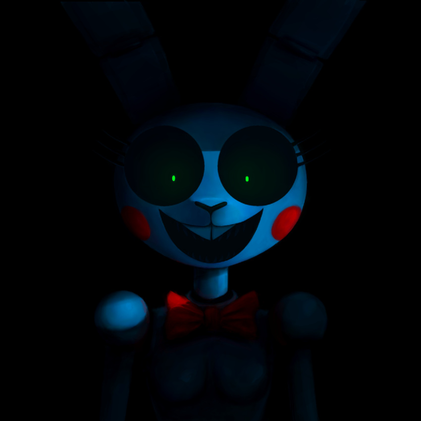 1:1 ahahahahahahahahahaha animatronic anthro black_background black_sclera blue_body bonbon_(roommates) bow_tie breasts buckteeth eyelashes featureless_breasts female five_nights_at_freddy's five_nights_at_freddy's_2 glowing glowing_eyes green_eyes hi_res lagomorph leporid looking_at_viewer machine mammal open_mouth open_smile rabbit red_bow_tie robot roommates:motha rosy_cheeks scottgames shadow simple_background small_breasts smile solo teeth toy_bonnie_(fnaf) video_games