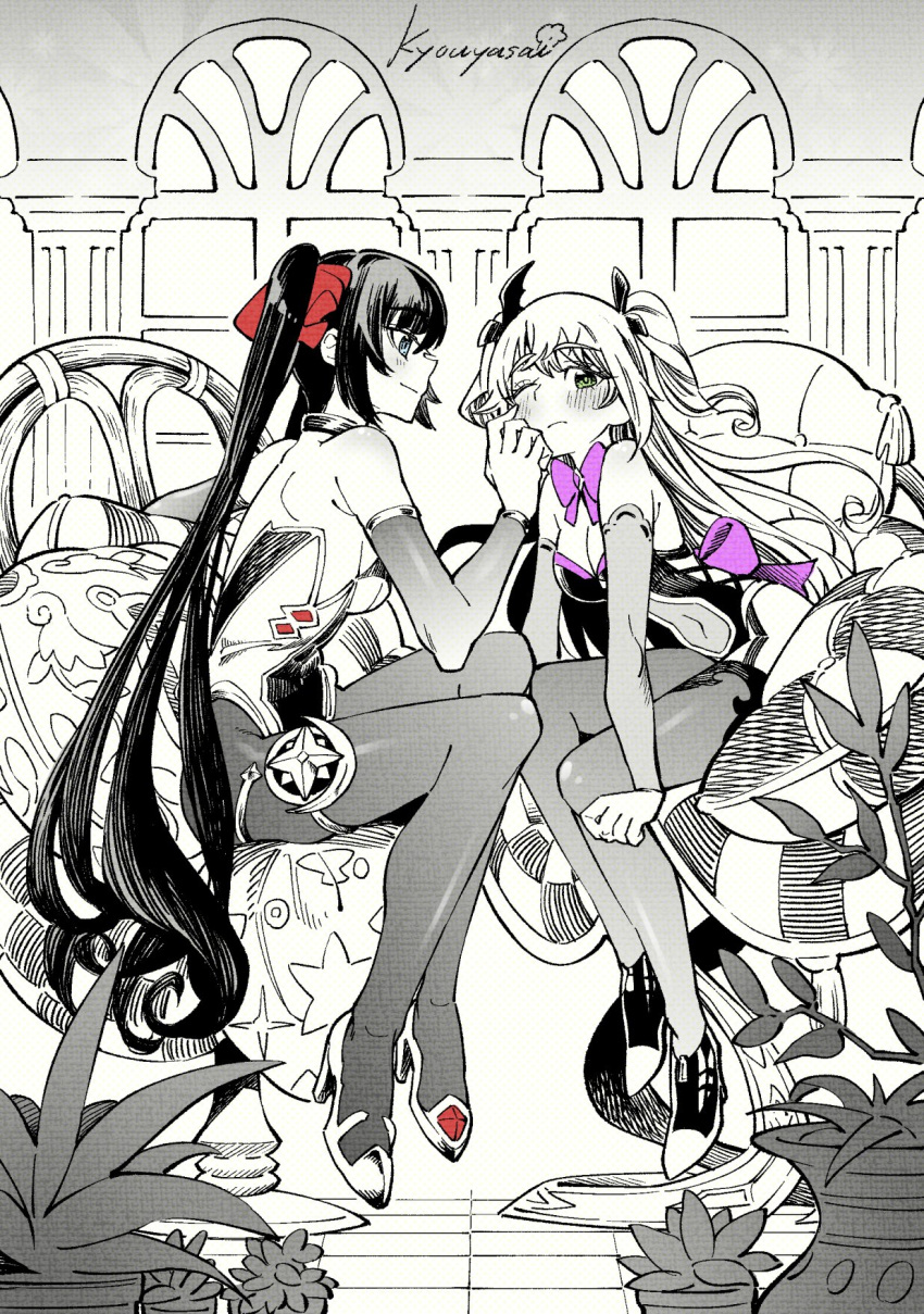 2girls artist_name bangs bare_shoulders black_hair blush bow breasts cleavage closed_mouth covered_navel dress elbow_gloves fischl_(genshin_impact) genshin_impact gloves green_eyes greyscale hair_bow high_heels highres kyouyasai4423 long_hair medium_breasts mona_(genshin_impact) monochrome multiple_girls pantyhose plant potted_plant ribbon shoes shoulder_blades sitting spot_color thighhighs twintails two_side_up very_long_hair yuri