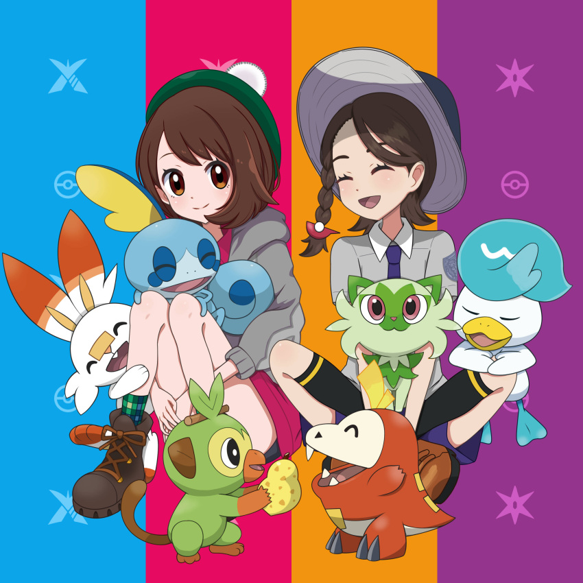 2girls :d absurdres bangs black_socks bob_cut boots brown_eyes brown_footwear brown_hair cardigan closed_mouth commentary_request dress fuecoco gloria_(pokemon) green_headwear green_socks grey_cardigan grey_shirt grookey hat highres juliana_(pokemon) multiple_girls necktie open_mouth pink_dress plaid_socks pokemon pokemon_(creature) pokemon_(game) pokemon_swsh purple_necktie quaxly scorbunny shirt short_hair short_sleeves sitting smile sobble socks sprigatito tam_o'_shanter tongue yuu_(jgvj7873)