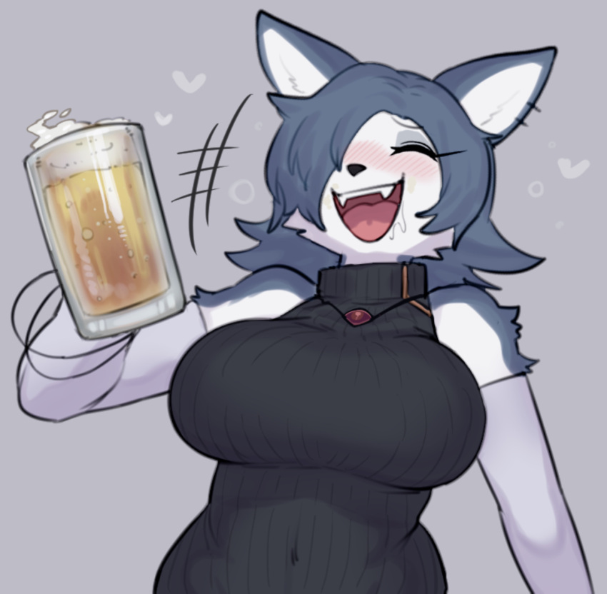 &lt;3 2022 alcohol anthro beer beer_mug beverage blush breasts canid canine clothed clothing digital_media_(artwork) drunk eyes_closed fangs female female_anthro fox fur grey_body grey_fur grey_hair hair hair_over_eye happy hi_res holding_object kemono mammal one_eye_obstructed open_mouth open_smile red_fox silver_fox smile solo substance_intoxication sususuigi teeth tongue