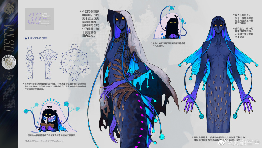 2022 absurd_res breasts chinese_text dorsal_fin fecharis female fin hi_res juanmao1997 male marine merfolk official_art solo split_form text translation_request unknown_dragonland visionary_dragon_land weibo_logo yellow_eyes