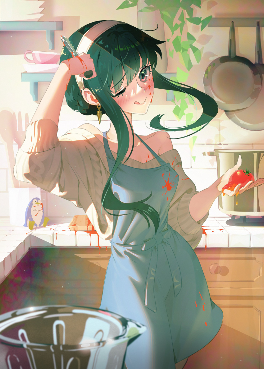 1girl ;p absurdres apron bangs black_hair blood blood_on_chest blood_on_clothes blood_on_face blood_splatter blue_apron brown_sweater collarbone food hand_on_own_head headband highres holding holding_food holding_utensil holding_vegetable indoors kitchen off-shoulder_sweater off_shoulder one_eye_closed otokoe peeler red_eyes sidelocks sleeves_rolled_up solo spy_x_family standing sweater tomato tongue tongue_out vegetable white_headband yor_briar
