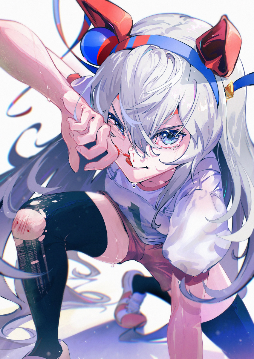 1girl absurdres angry animal_ears bangs black_thighhighs blood blue_eyes blue_headband bruise grey_hair gym_uniform hair_between_eyes hand_on_ground headband highres horse_ears horse_girl injury licking_lips long_bangs long_hair looking_at_viewer nosebleed one_knee otokoe red_shorts shirt shoes short_sleeves shorts sneakers solo sweat tamamo_cross_(umamusume) tearing_up thighhighs tongue tongue_out torn_thighhighs umamusume white_shirt wiping_blood