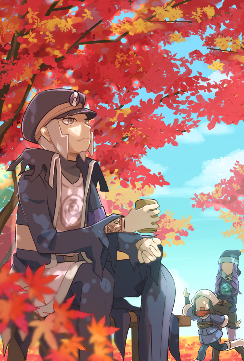 1girl 2boys akari_(pokemon) bench black_coat black_headwear closed_mouth cloud coat commentary_request cup day faceless faceless_female faceless_male grey_eyes grey_hair hat high_collar highres holding holding_cup ingo_(pokemon) long_sideburns looking_up melli_(pokemon) mizuiro123 multiple_boys outdoors peaked_cap pearl_clan_outfit pokemon pokemon_(game) pokemon_legends:_arceus short_hair sideburns sitting sky smile striped_coat torn_clothes torn_coat tree trench_coat