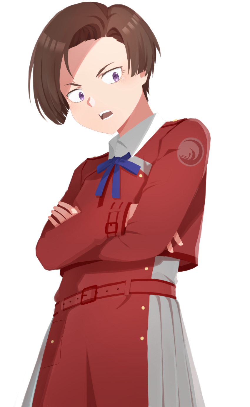 1girl :o absurdres belt blue_ribbon brown_hair collared_shirt crossed_arms dress grey_dress harukawa_fuki highres komiya_harumoto long_sleeves looking_at_viewer lycoris_recoil lycoris_uniform neck_ribbon pleated_dress purple_eyes red_belt red_dress ribbon shirt short_hair simple_background solo standing two-tone_dress white_background white_shirt