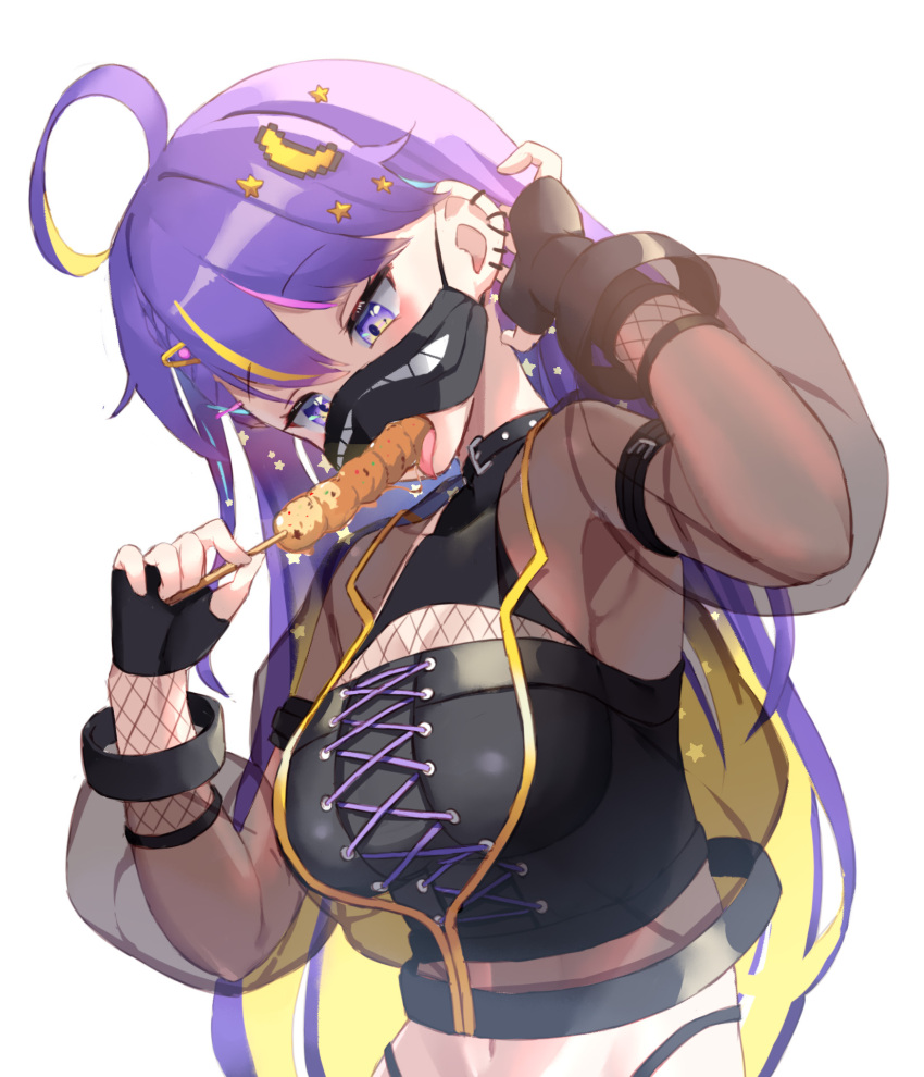 1girl ahoge blonde_hair breasts cleavage_cutout clothing_cutout colored_inner_hair corset ear_piercing eating fingerless_gloves gloves hair_tucking highres hololive hololive_indonesia large_breasts long_hair mask mask_lift midriff moona_hoshinova mouth_mask multicolored_hair navel piercing purple_eyes purple_hair satay sawara_noa see-through see-through_shirt tongue tongue_out virtual_youtuber white_background