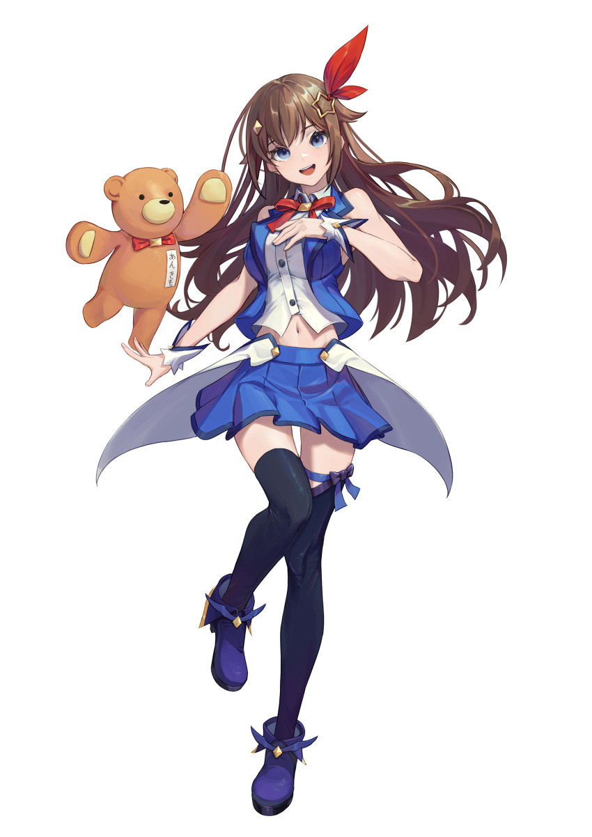 1girl :d absurdres ankimo_(tokino_sora) ankle_boots arm_at_side bare_arms bare_shoulders black_thighhighs blue_eyes blue_footwear blue_ribbon blue_skirt blue_vest boots bow bowtie breasts brown_hair collared_shirt cropped_shirt cropped_vest diamond_hair_ornament fold-over_boots full_body groin hair_flaps hair_ornament hair_ribbon hairclip hand_on_own_chest high_heel_boots high_heels highres hololive idol impossible_clothes impossible_shirt impossible_vest knee_up leg_ribbon long_hair looking_at_viewer medium_breasts midriff miniskirt navel open_mouth pleated_skirt red_bow red_bowtie red_ribbon ribbon shirt simple_background skirt sleeveless sleeveless_shirt smile solo standing standing_on_one_leg star_(symbol) star_hair_ornament stuffed_animal stuffed_toy teddy_bear thigh_ribbon thighhighs toga_(toganawa) tokino_sora vest virtual_youtuber waist_cape white_background white_shirt winged_footwear wrist_cuffs zettai_ryouiki