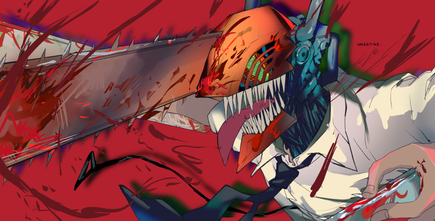 1boy absurdres blood chainsaw chainsaw_man denji_(chainsaw_man) highres long_tongue monster red_background sharp_teeth solo teeth tongue tongue_out valentine_(02140314c)