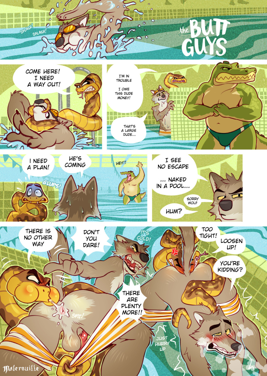 anal anal_penetration anthro balls blush bodily_fluids bottomwear butt canid canine canis claws clip_studio_paint clothed clothing comic crocodile crocodilian crocodylid dialogue digital_media_(artwork) dreamworks duo english_text erection fur genitals hi_res male male/male male_penetrated male_penetrating male_penetrating_male malerouille mammal mr._snake_(the_bad_guys) mr._wolf_(the_bad_guys) nude onomatopoeia open_mouth penetration penile penis reptile saliva scalie sex shaking simple_background snake sound_effects speech_bubble swimming_pool text the_bad_guys tongue trembling vore wolf