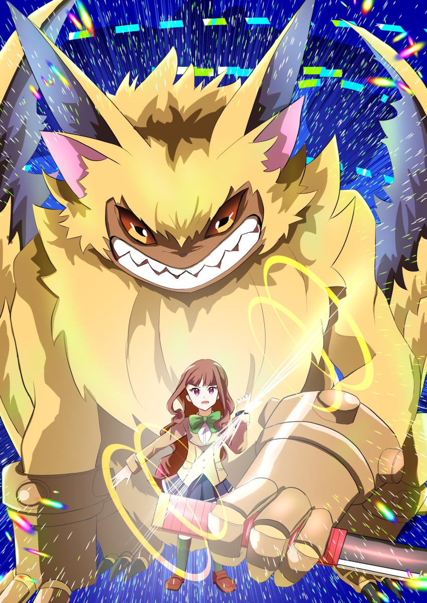 angry anthro bandai_namco claws digimon digimon_ghost_game duo female fur hi_res human lamortmon long_ears male mammal melee_weapon monster orange_eyes ruri_tsukiyono sharp_claws sharp_teeth sword teeth weapon winged_arms wings yellow_body yellow_fur zunaha