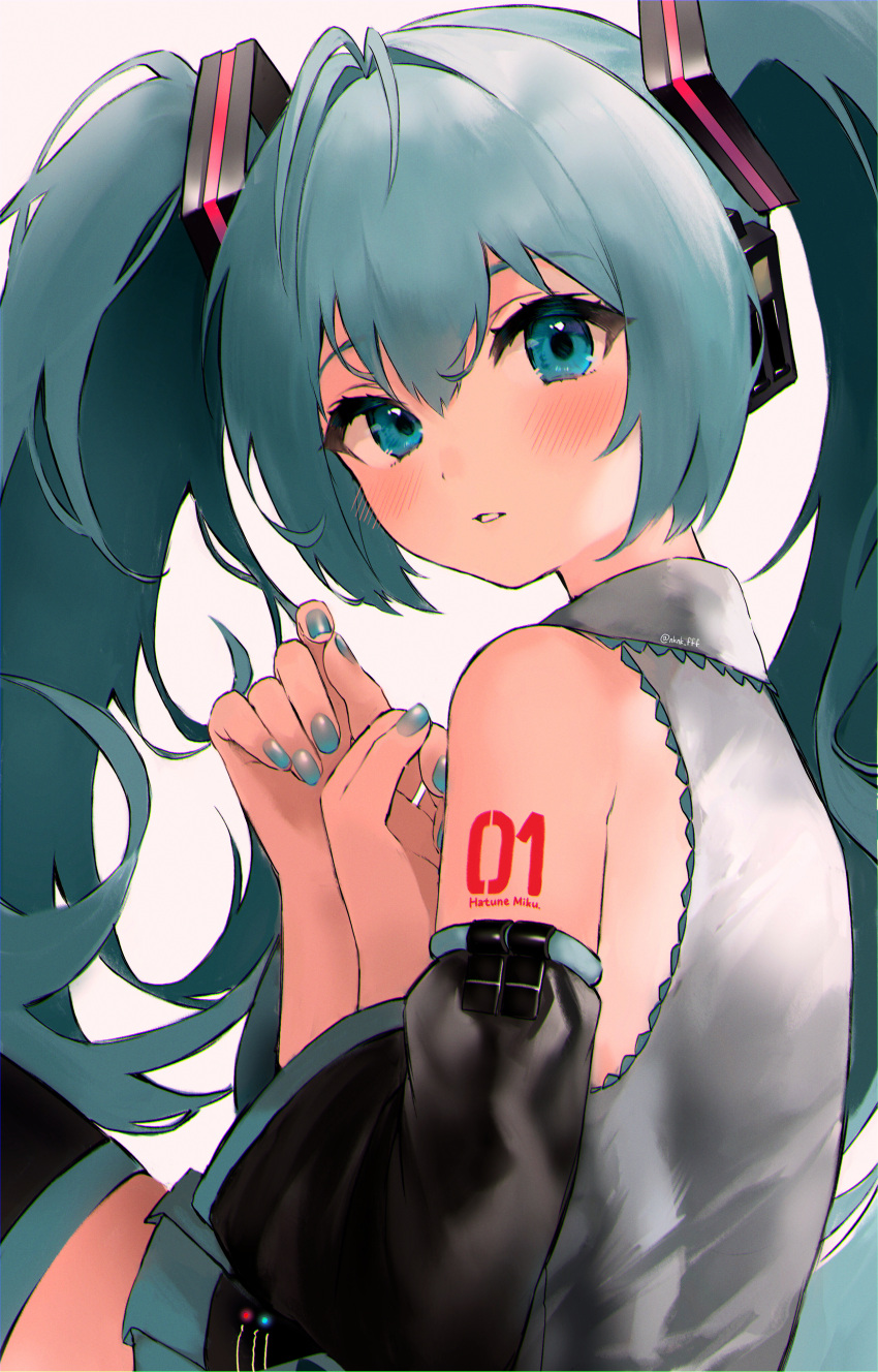 1girl absurdres antenna_hair aqua_eyes aqua_hair aqua_nails bangs bare_shoulders black_footwear black_ribbon black_skirt black_sleeves blush boots character_name collared_shirt detached_sleeves flipped_hair from_side grey_shirt hair_between_eyes hair_ornament hair_ribbon hands_up hatsune_miku headphones highres lace-trimmed_shirt lace_trim long_hair looking_at_viewer looking_back nail_polish neon_trim number_tattoo open_mouth own_hands_together parted_lips pleated_skirt ribbon shirt shoulder_tattoo sidelocks simple_background skirt sleeveless sleeveless_shirt solo straight_hair tananuki tattoo teeth thigh_boots twintails twitter_username upper_body vocaloid white_background zettai_ryouiki