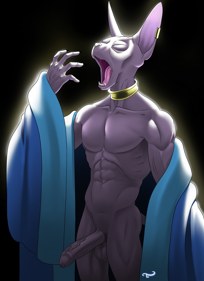 2022 absurd_res anthro balls beerus biped black_background deity digital_media_(artwork) domestic_cat dragon_ball dragon_ball_super ear_piercing erection eyes_closed felid feline felis genitals hairless hairless_cat hi_res humanoid_genitalia humanoid_penis male mammal muscular muscular_anthro muscular_male open_mouth penis piercing purple_body purple_skin simple_background solo sphynx_(cat) tush vein veiny_penis yawn