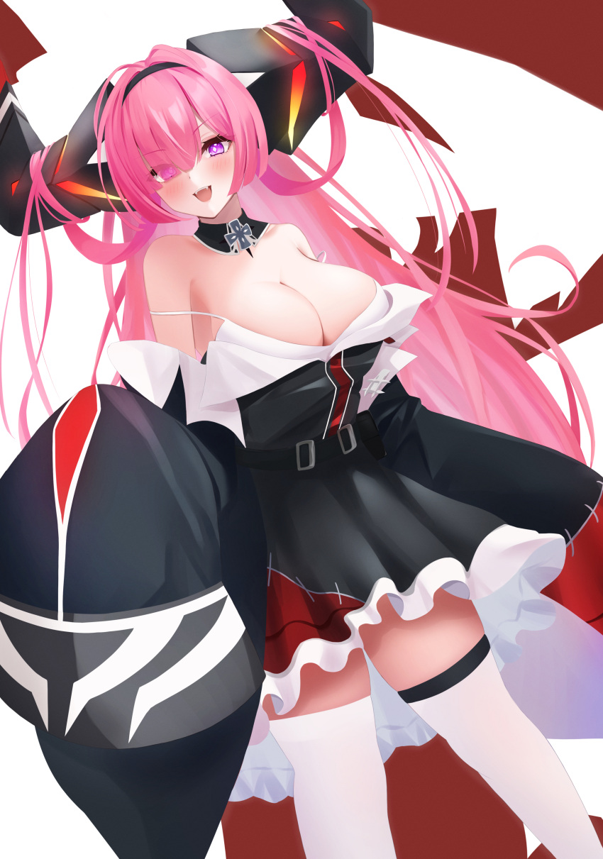 1girl absurdres azur_lane bare_shoulders belt black_dress black_horns breasts cleavage cross detached_collar dress dutch_angle elegant_(sumisumi4268) fangs hair_on_horn hair_over_one_eye highres horns huge_horns iron_cross large_breasts long_hair long_horns long_sleeves looking_at_viewer mechanical_horns open_mouth pink_hair prinz_rupprecht_(azur_lane) purple_eyes sleeves_past_fingers sleeves_past_wrists solo thigh_belt thigh_strap thighhighs thighs white_thighhighs
