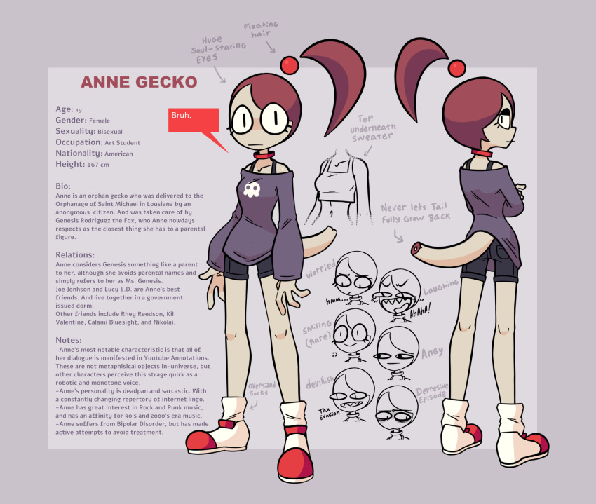 anne_(nekuzx) anthro clothing docked_tail english_text female floating_hair gecko hair hi_res lizard multiple_angles multiple_expressions nekuzx ponytail red_hair reference_image reptile scalie short_tail simple_background solo sweater text topwear