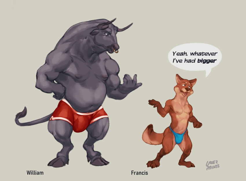 anthro belly big_belly black_hooves black_horn blue_bottomwear blue_clothing bottomwear bovid brown_body bulge canid canine clothed clothing duo english_text facial_piercing fangs fox front_view grey_background grey_body hooves horn laser_(artist) male mammal mouth_closed muscular muscular_anthro muscular_male nose_piercing nose_ring open_mouth piercing red_bottomwear red_clothing red_tongue ring_piercing septum_piercing septum_ring signature simple_background speech_bubble standing tail_tuft tan_body text tongue topless tuft