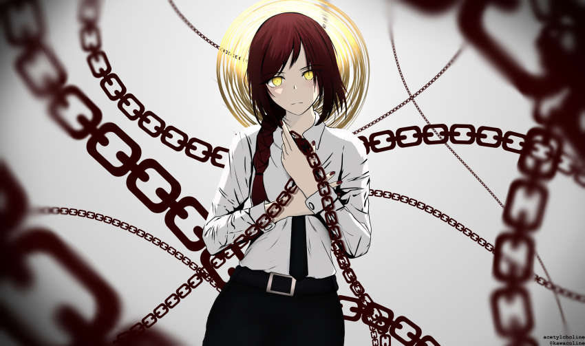 1girl absurdres acetylcholine black_pants braid braided_ponytail business_suit chain chainsaw_man formal hair_between_eyes highres looking_at_viewer makima_(chainsaw_man) md5_mismatch office_lady pants red_hair resolution_mismatch ringed_eyes shirt short_hair solo source_smaller suit yellow_eyes