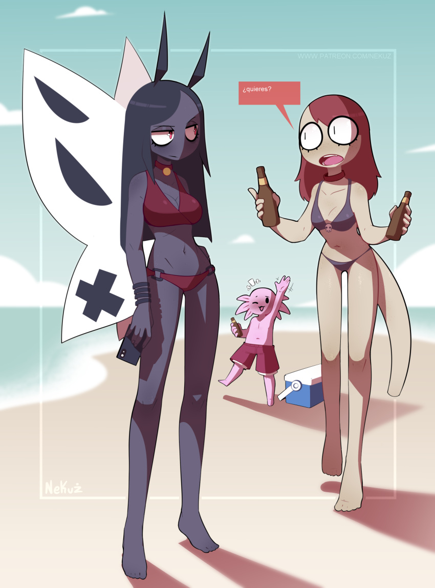 alcohol amphibian anne_(nekuzx) anthro arthropod axolotl beach beverage bikini black_body black_hair butterfly clothed clothing drunk female gecko group hair hi_res insect joe_(nekuzx) lepidopteran lepidopteran_wings lizard long_hair lucy_(nekuzx) male marine mole_salamander nekuzx outside phone pink_body red_hair reptile salamander_(amphibian) scalie seaside spanish_text substance_intoxication swimwear text topless trio wings