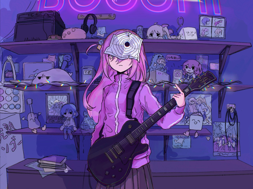 1girl bag bocchi_the_rock! book character_doll christmas_lights cube_hair_ornament earphones electric_guitar expressionless gibson_les_paul gotou_hitori grey_skirt guitar hair_cubes hair_ornament highres holding holding_instrument ijichi_nijika instrument jacket kita_ikuyo long_hair neon_lights one_side_up photo_(object) piggy_bank pink_hair pink_jacket pleated_skirt poster_(object) raychelsoo roki_(vocaloid) shelf skirt solo target track_jacket yamada_ryou