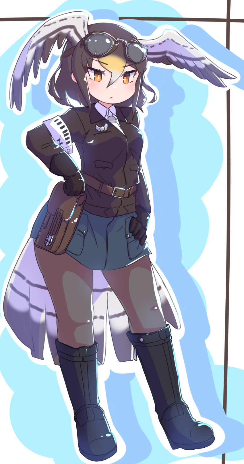 1girl absurdres alternate_costume armband bird_girl bird_tail bird_wings black_footwear black_pantyhose blonde_hair blush boots brown_gloves brown_hair brown_jacket collared_shirt commentary_request denim denim_skirt full_body gloves goggles goggles_on_head hair_between_eyes head_wings highres holster jacket kemono_friends long_hair long_sleeves multicolored_hair northern_goshawk_(kemono_friends) obobu_(sapnoji) orange_eyes pantyhose shirt skirt solo tail white_shirt wings